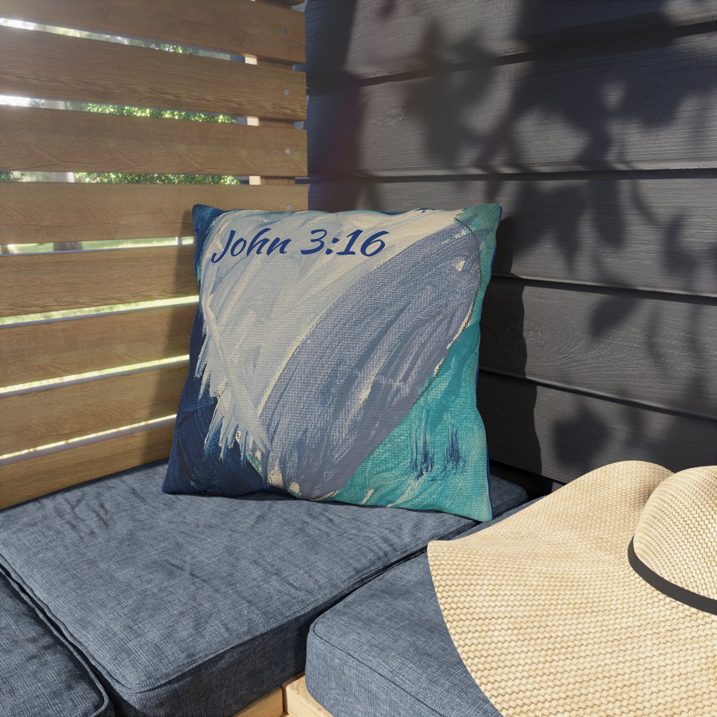 Blue Heart Outdoor Pillow John 3:16